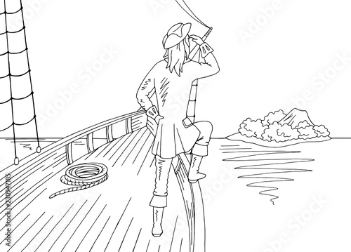 Sailor standing on the prow of the ship and looking at the island graphic black white landscape sketch illustration vector