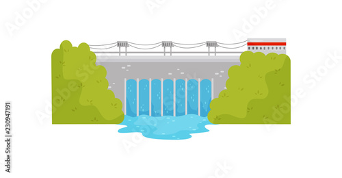 Industrial building of hydroelectric power station on the river. Eco-friendly source of power. Flat vector design