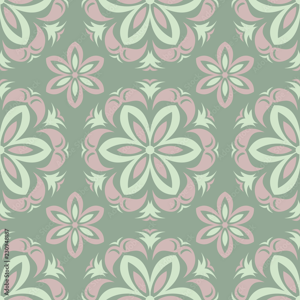 Olive green floral seamless pattern with pale pink elements. Background with flower designs