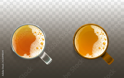 Vector realistic beer in glass, frothy drink top view. Golden transparent alcohol liquid, ale or lager in cups for party, celebration. Fresh product of brewery with foam bubbles isolated on background