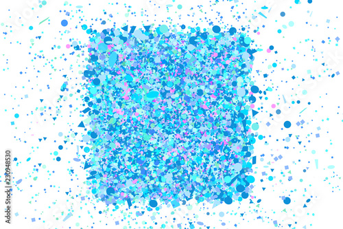 Colorful pattern for design. Square tangled shape. Geometric backdrop with confetti on isolated white. Background with multicolored glitters. Image for posters, banners and textiles