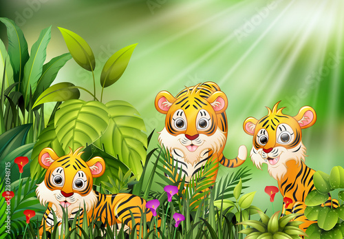 Cartoon of nature scene with group of tiger