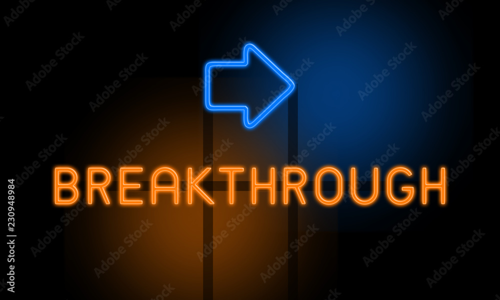 Fototapeta premium Breakthrough - orange glowing text with an arrow on dark background