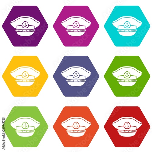 Sailor cap icons 9 set coloful isolated on white for web