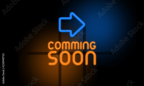 Comming Soon - orange glowing text with an arrow on dark background