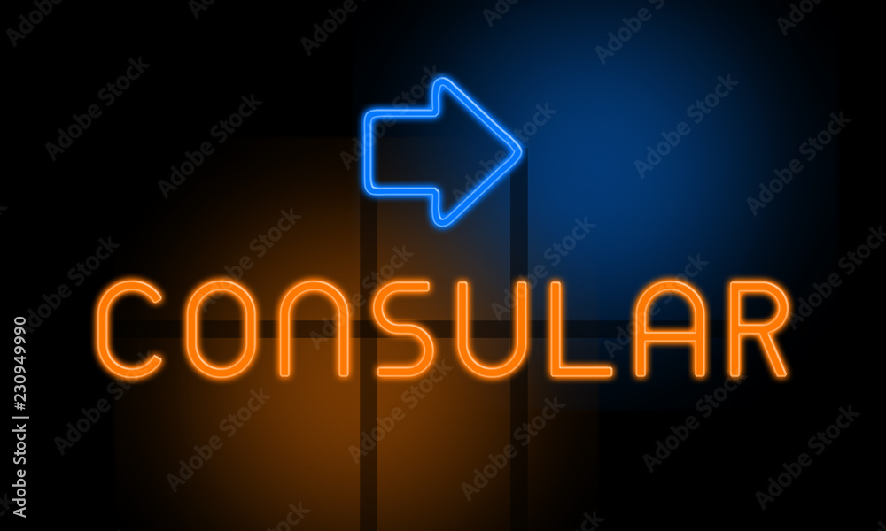 Fototapeta premium Consular - orange glowing text with an arrow on dark background