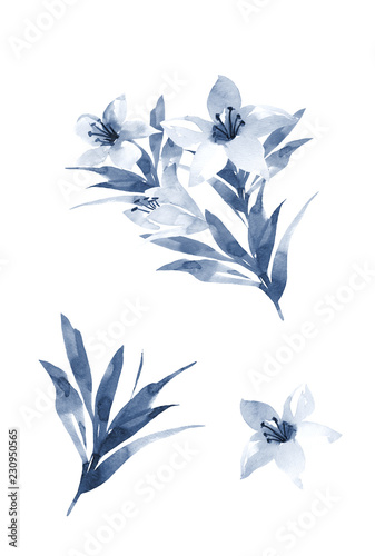 Floral design set with bouquet with blue lily flowers and leaves watercolor in hand drawn style. Isolated on white background