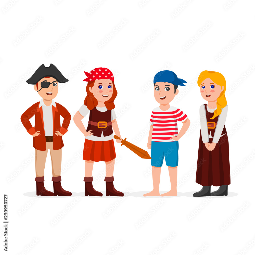 Group Children Dressing Pirates Kid Costumes Cute Cartoon Vector Illustration Group Children Dressing Pirates Kid Costumes Cute Cartoon Vector Illustration