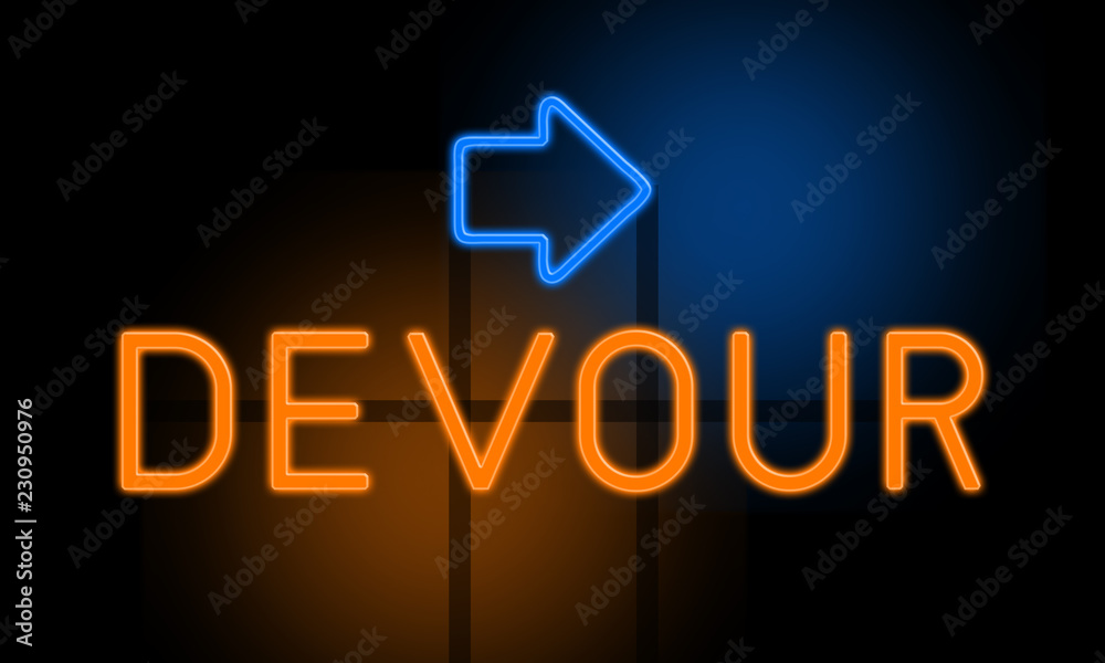 Fototapeta premium Devour - orange glowing text with an arrow on dark background