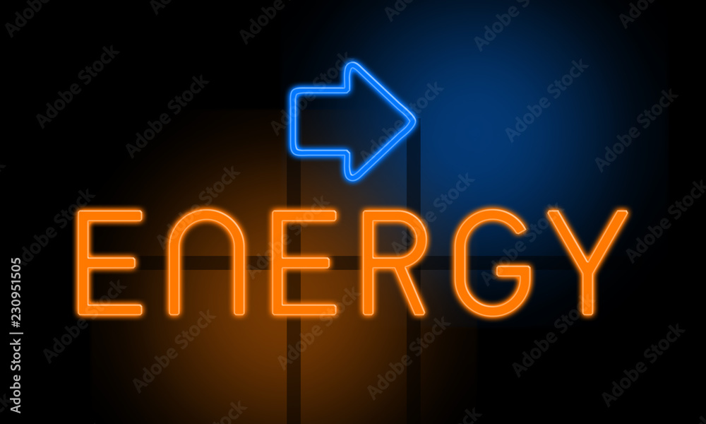 Fototapeta premium Energy - orange glowing text with an arrow on dark background