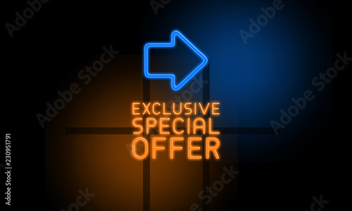 Exclusive Special Offer - orange glowing text with an arrow on dark background