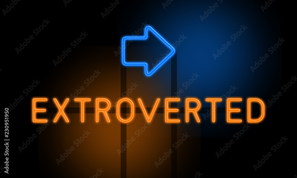 Extroverted - orange glowing text with an arrow on dark background