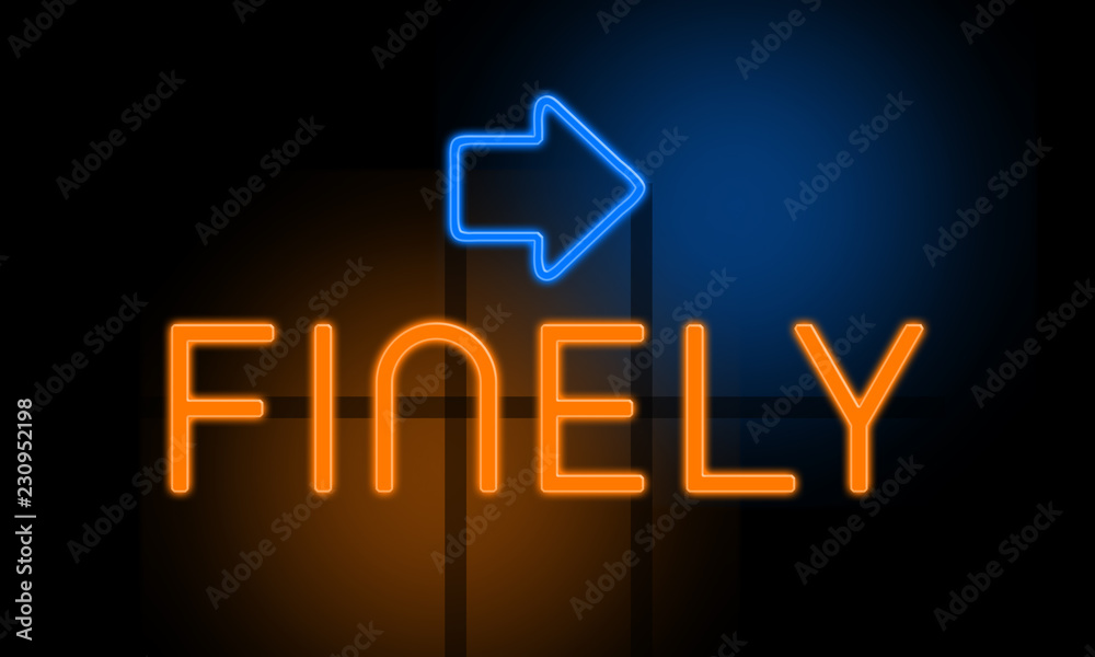 Finely - orange glowing text with an arrow on dark background
