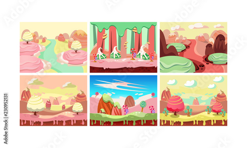 Sweet fantasy landscape set, candy land, elements for computer game interface vector Illustration on a white background