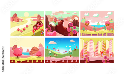 Candy land, bright sweet fantasy landscape elements vector Illustration on a white background