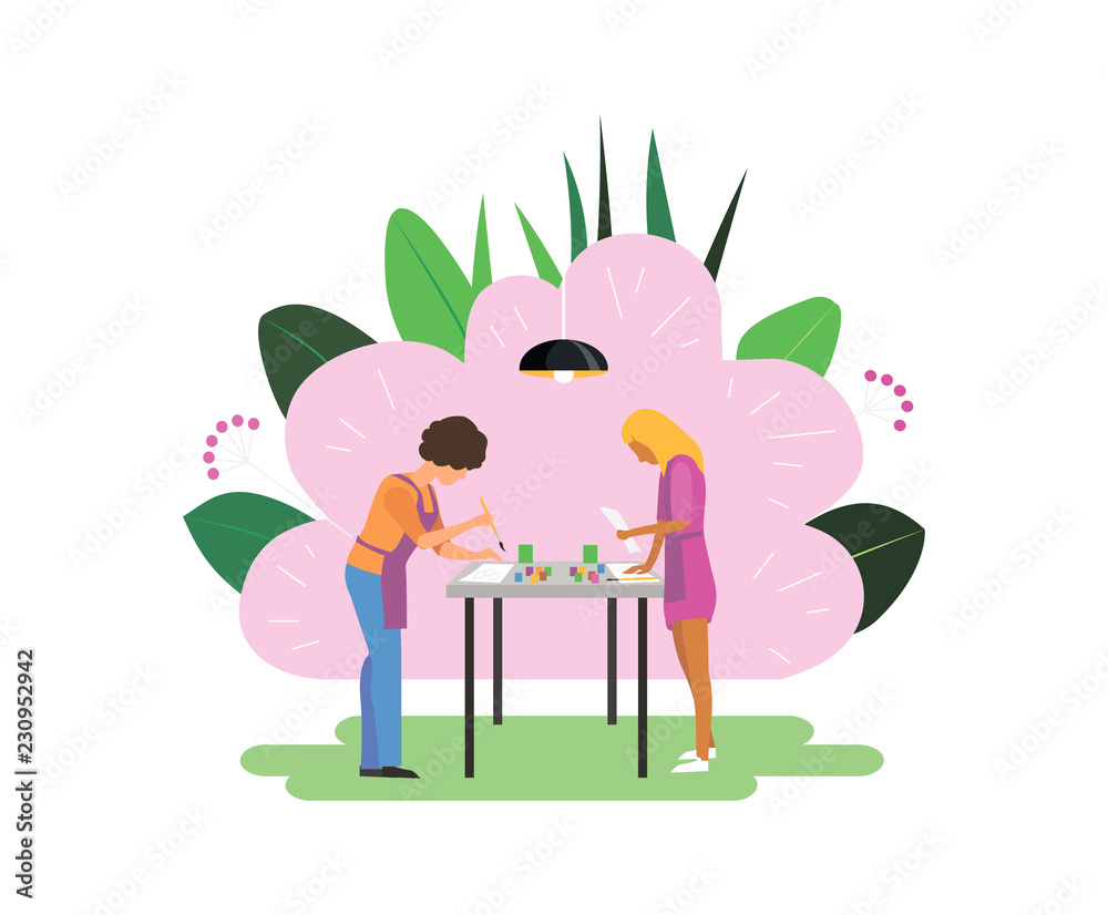 Vector flat illustration of two woman who paints a picture. Classic painting master class. Creative workshop. Vector flat illustration of two woman who paints a picture. Classic painting master class. Creative workshop.