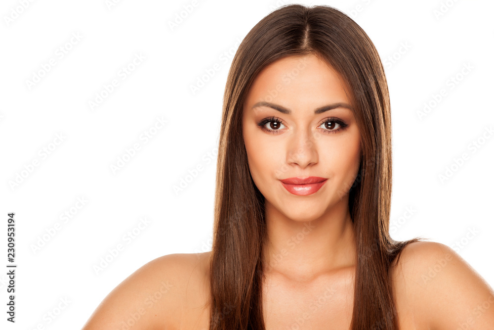 Portrait of young beautiful woman with makeup on white background Portrait of young beautiful woman with makeup on white background