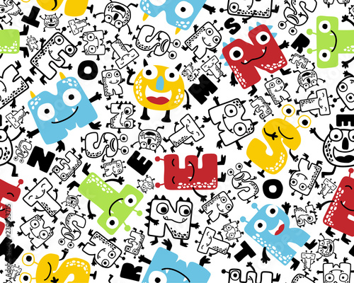 seamless pattern vector with funny monster alphabet cartoon. Eps 10