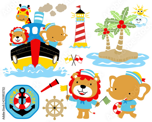 Vector illustration of sailing theme set cartoon, ship, animals sailor, island, lighthouse. Eps 10