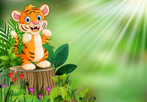 Fototapeta Naklejka Na Ścianę i Meble -  Cartoon of tiger standing on tree stump with green leaves and flowering plant