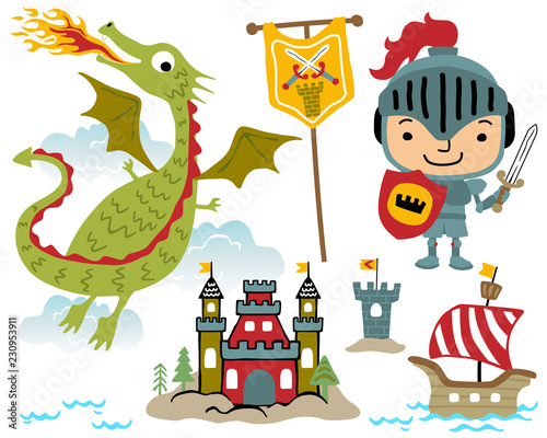 Cartoon vector illustration of dragon, castle, sailboat, kingdom banner, knight, and kingdom fairy tale set.