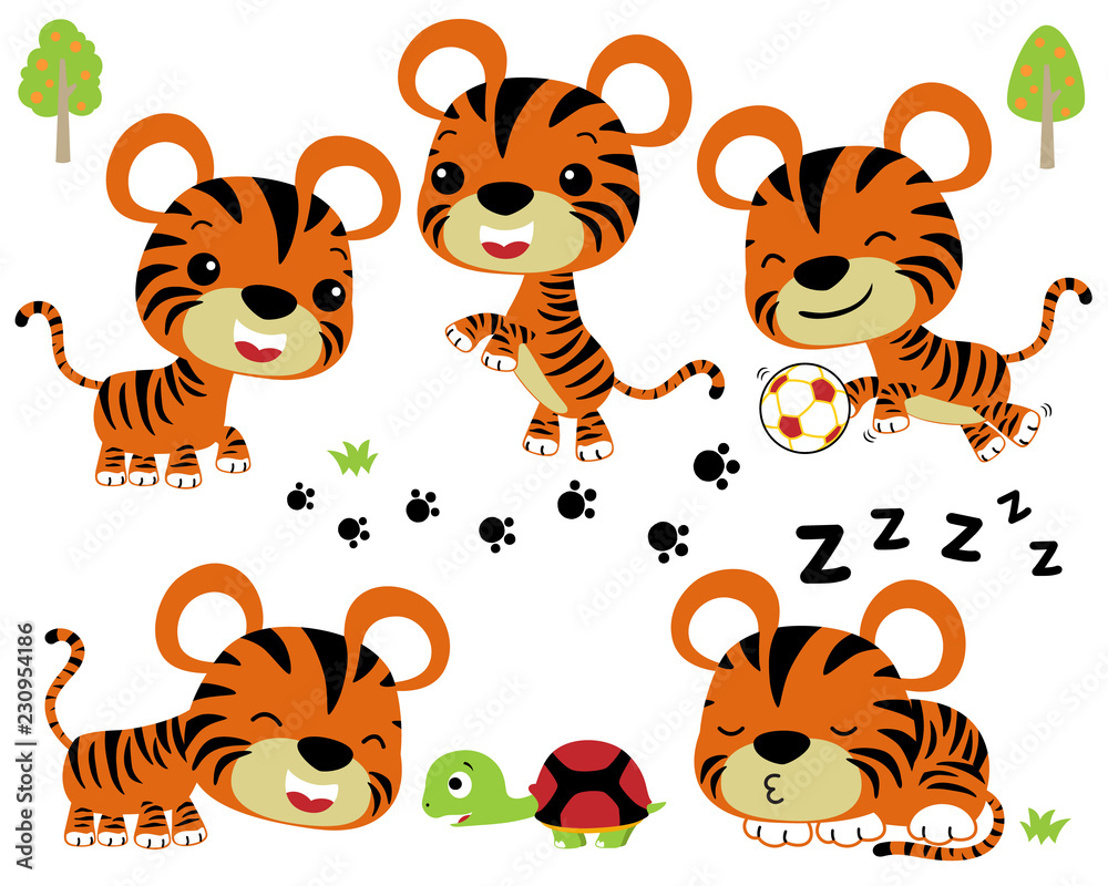 Obraz premium Vector cartoon illustration of little tiger with turtle