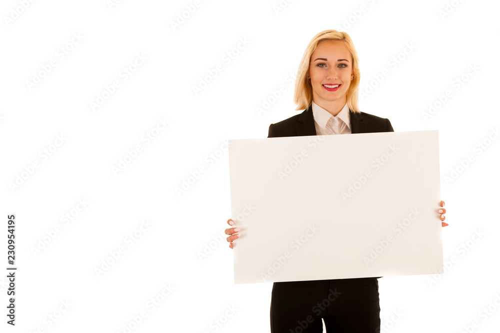Attractive business woman hilding blank white banner isolated over white background Attractive business woman hilding blank white banner isolated over white background