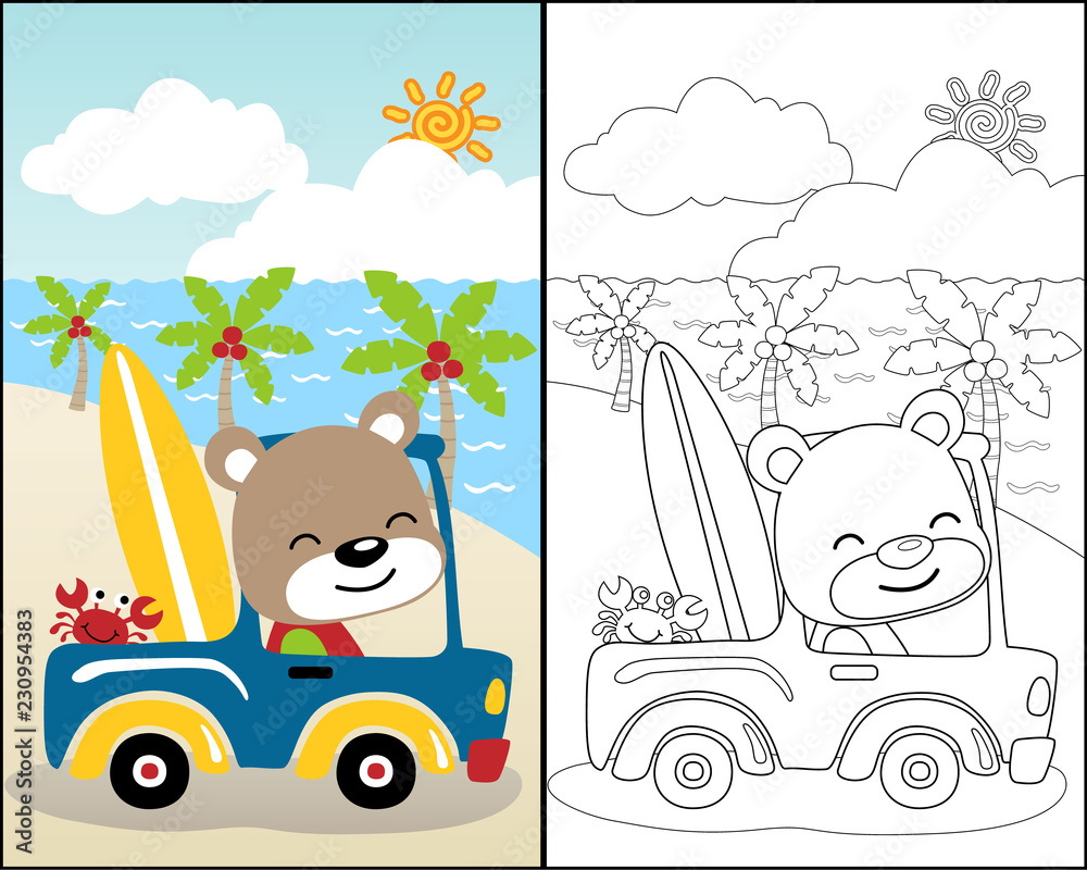 coloring book with funny surfer on a little car