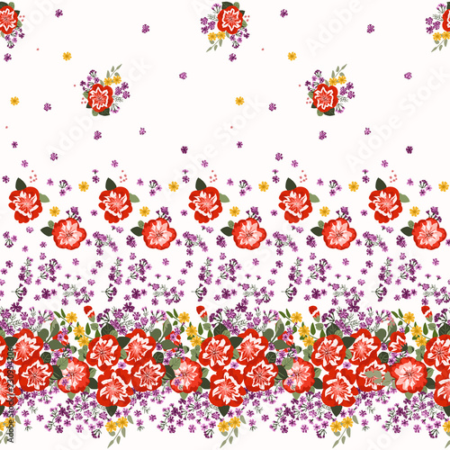 Gorgeous border in small garden sweet flowers. Millefleur. Floral cute background for textile, wallpaper, pattern fills, covers, surface, print, gift wrap, scrapbooking, decoupage.
