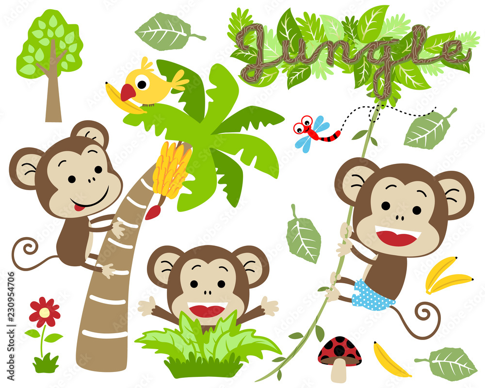 Vector set of funny monkeys cartoon with banana tree in jungle Stock Vector  | Adobe Stock