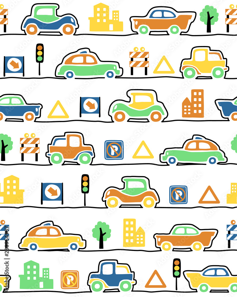 seamless pattern vector of vehicles cartoon in the city