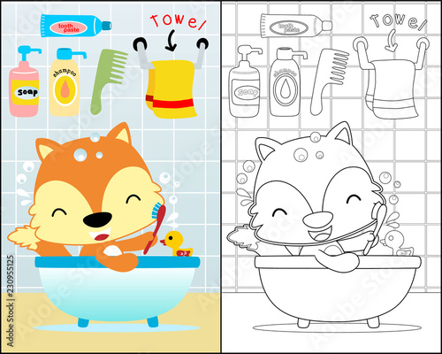 coloring book with cute fox in bathroom 