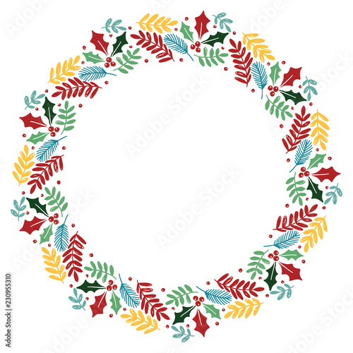 Christmas Wreath with Round Frame for Cards Design Vector Layout with Copyspace Can be use for Decorative Kit, Invitations, Greeting Cards, Blogs, Posters, Merry Christmas and Happy New Year.