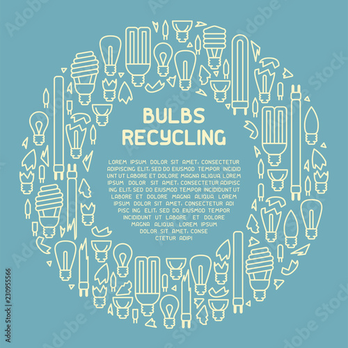 Light bulbs recycling info poster. Line style vector illustration. There is place for your text