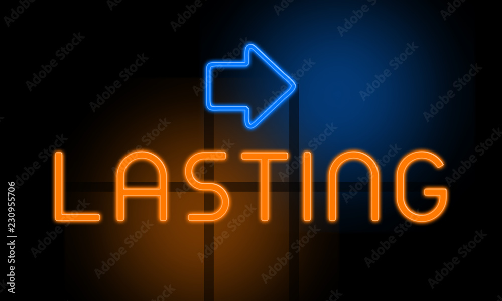 Fototapeta premium Lasting - orange glowing text with an arrow on dark background