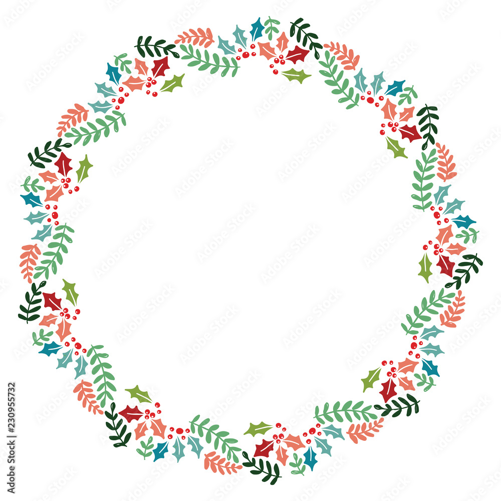 Christmas Wreath with Round Frame for Cards Design Vector Layout with Copyspace Can be use for Decorative Kit, Invitations, Greeting Cards, Blogs, Posters, Merry Christmas and Happy New Year.