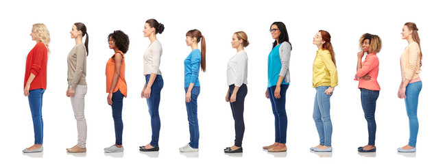diversity and people concept - group of happy multiracial women standing in queue, isolated on white