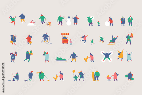 Winter people characters vector set. Winter outdoor activities. Flat vector illustration isolated on white
