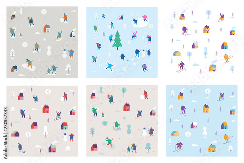 Winter people pattern set. Winter season background people characters. People have outdoor activities.Flat vector illustration.