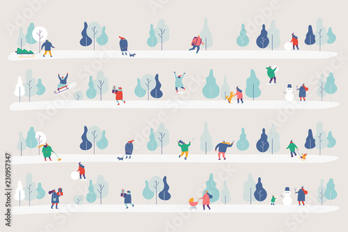Winter Park gorizontal banner. Season background simple people characters have outdoor activities  Flat vector illustration. 