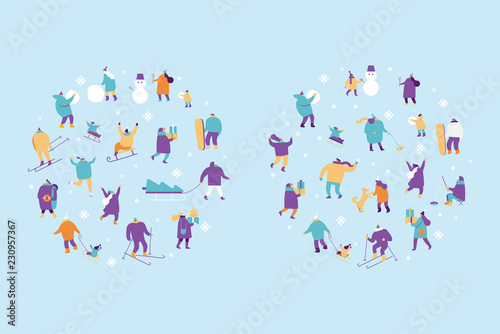 Winter people characters vector set. Winter outdoor activities. Flat vector illustration isolated on white