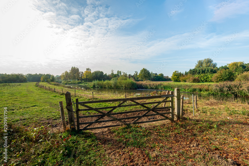Wooden gate between two wooden beams closed with a rusty chain in the foreground of grassland along the Dutch river Mark