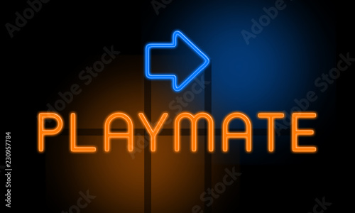 Playmate - orange glowing text with an arrow on dark background photo