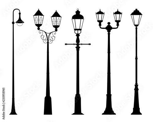 Vector set of street lantern silhouettes in retro style isolated on white background. Wall sticker. Illustration for design.