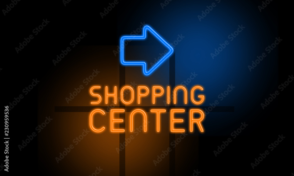 Shopping Center - orange glowing text with an arrow on dark background