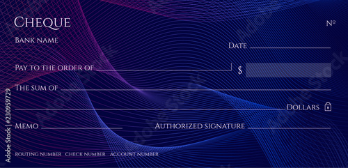 Check, Cheque (Chequebook template). Guilloche pattern with abstract line watermark. Dark blue background  for banknote, money design, currency, bank note, Voucher, Gift certificate, Money coupon