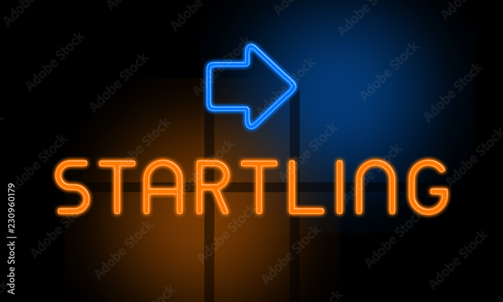 Fototapeta premium Startling - orange glowing text with an arrow on dark background