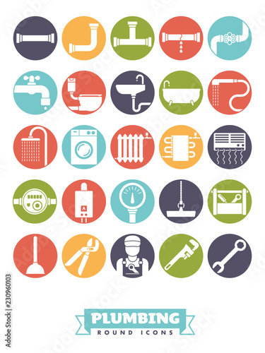 Plumbing and sanitary round icon vector set