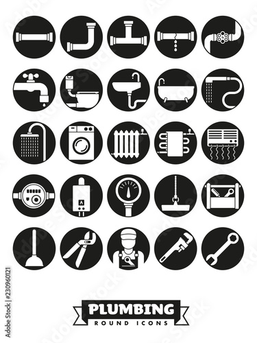 Plumbing and sanitary round icon vector set