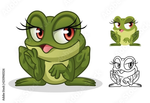 Female frog cartoon character mascot design, including flat and line art design, isolated on white background, vector clip art illustration.